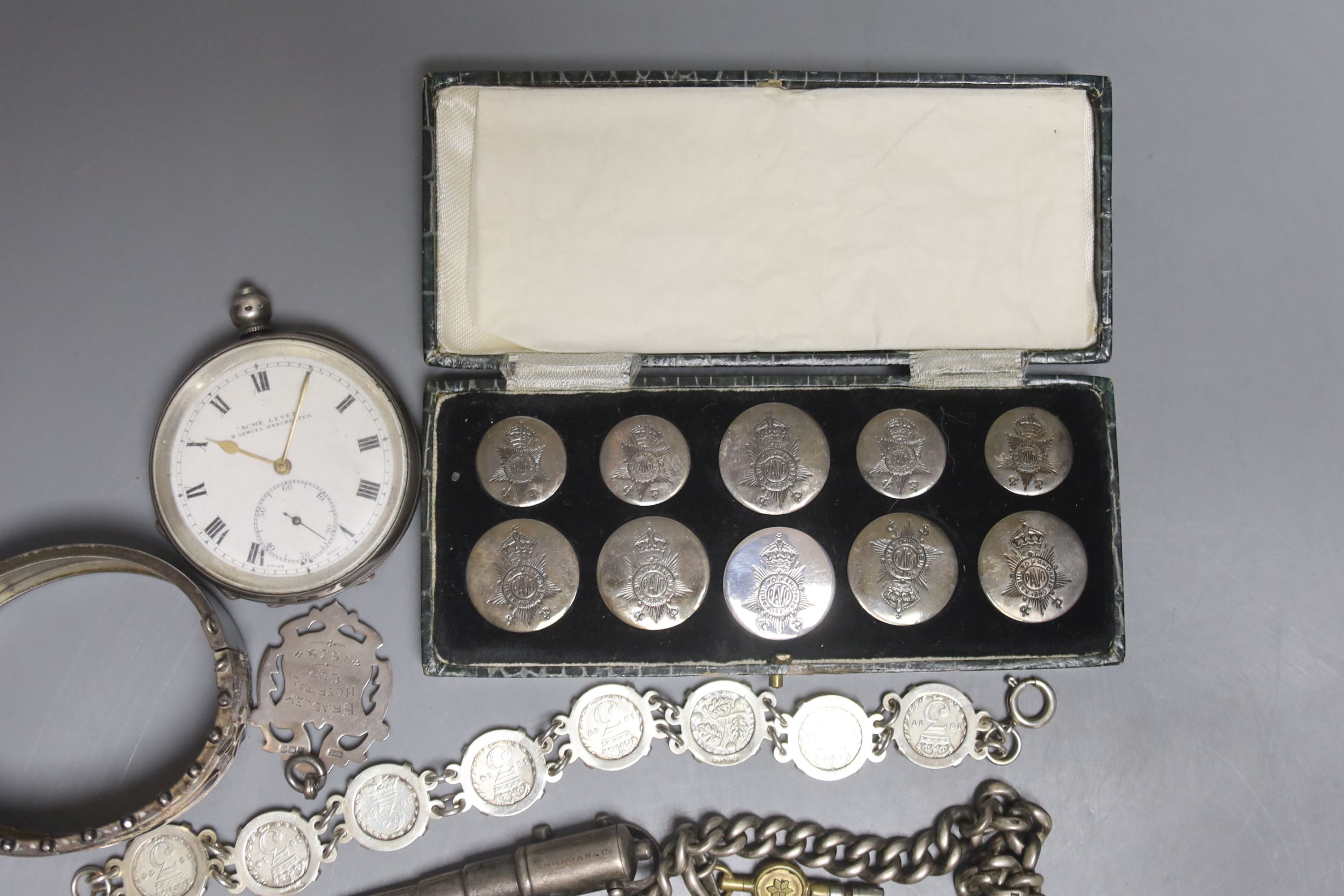 Mixed items including silver medallions, Victorian silver and yellow metal hinged bangle and a Mordan & Co pencil